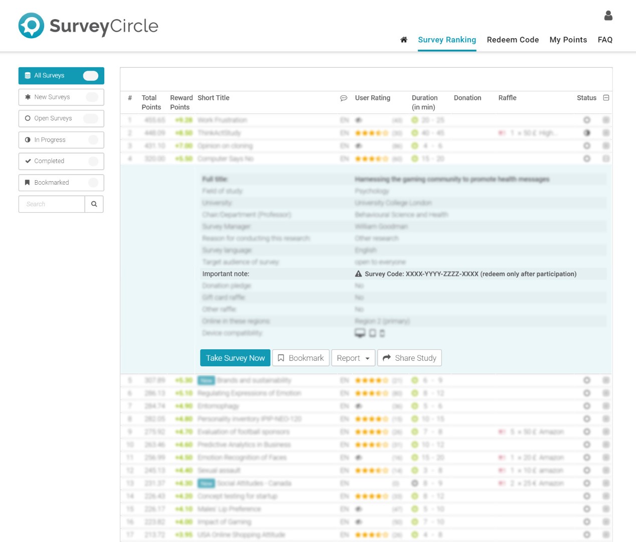 Figura 2: Il Survey Code è mostrato nel menu a discesa del tuo studio nel Survey Ranking Figura 2: Il Survey Code è mostrato nel menu a discesa del tuo studio nel Survey Ranking