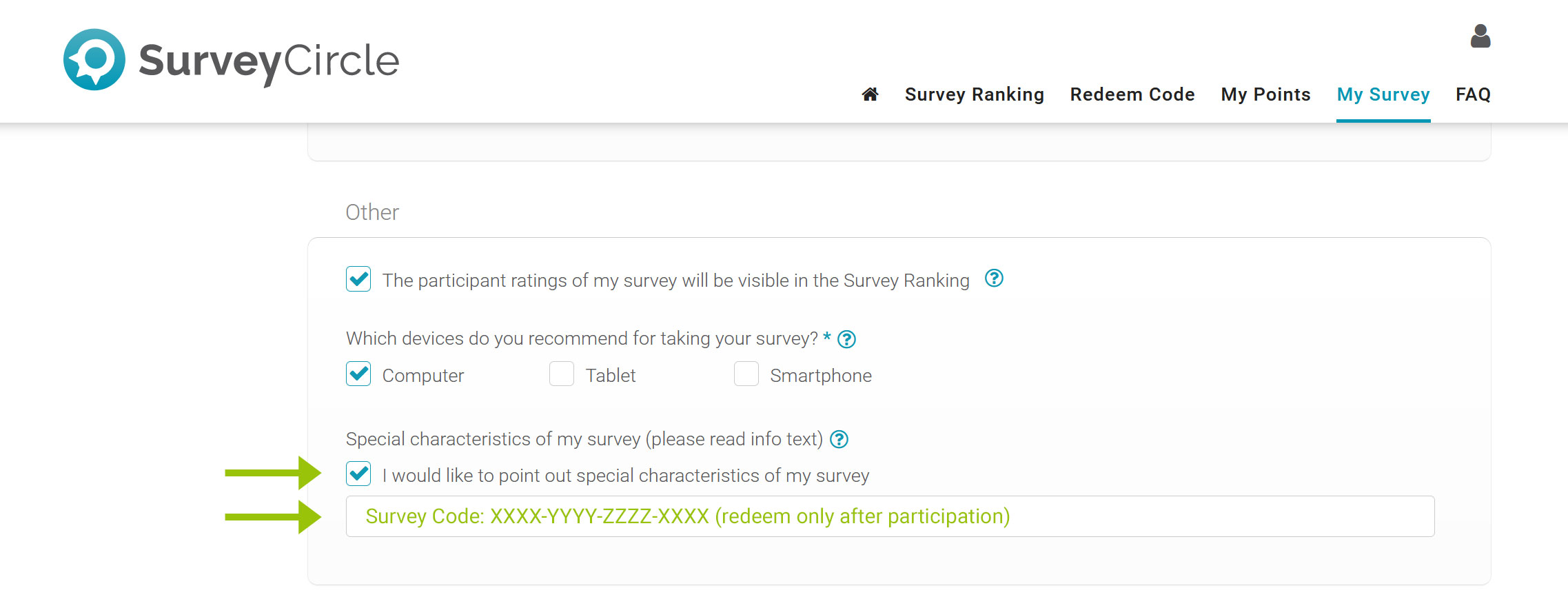 Figura 1: Campo di inserimento “Caratteristiche speciali del mio sondaggio” dopo aver inserito il Survey Code Figura 1: Campo di inserimento “Caratteristiche speciali del mio sondaggio” dopo aver inserito il Survey Code